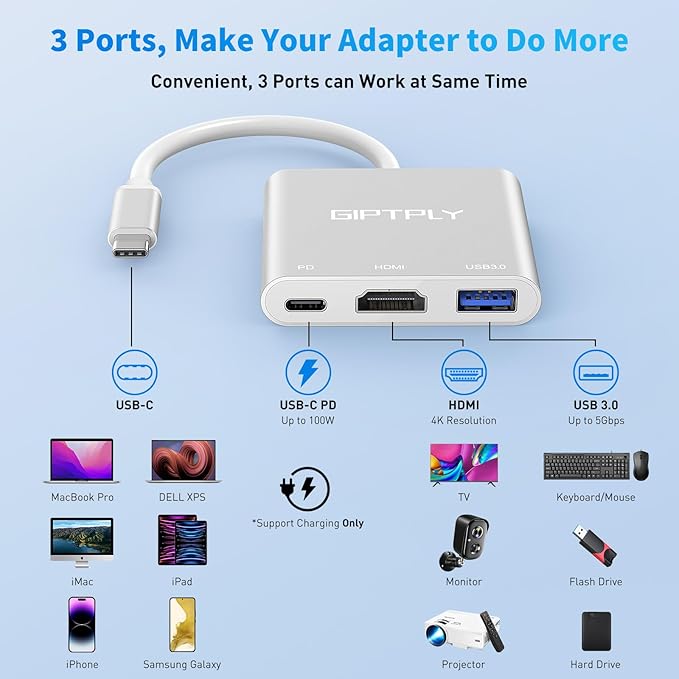 USB C to HDMI Adapter, 3-in-1 USBC Digital AV Multiport Adapter, USB Type C Converter to 4K@30Hz HDMI, USB 3.0, 100W PD for MacBook Pro/Air,iPad Pro Chromebook,Acer,HP,Dell,Surface,Samsung