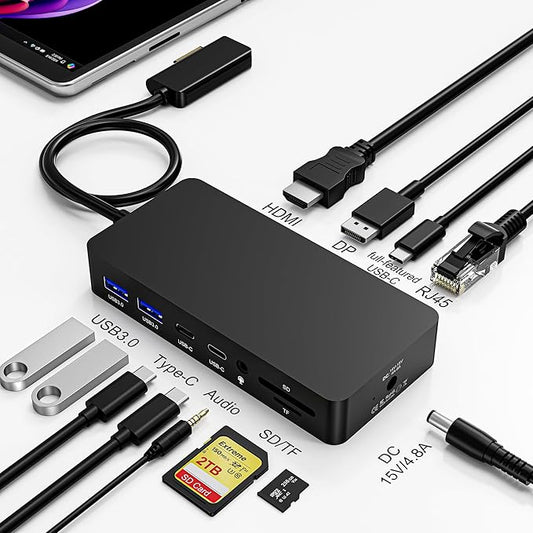 12-in-1 Surface Docking Station, 4K@60Hz Triple Display Surface Dock with HDMI, DP, USB-C, 4-Screen Support, 4 USB Ports, SD/TF, Audio for Surface Pro 11/10/9/8/7, Surface Laptop, Book, Go
