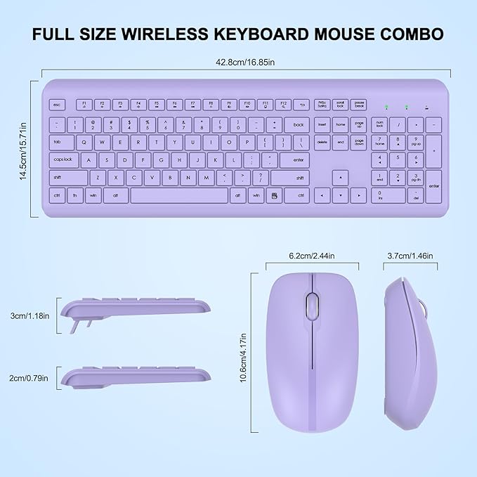 Wireless Keyboard and Mouse Combo, Full-Size Silent Ergonomic Keyboard and Optical Mouse, Long Battery Life, 2.4GHz Lag-Free Cordless Mice Keyboard for Computer, Mac, Laptop, PC, Windows(Purple)