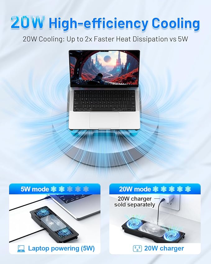 Laptop Cooling Pad with Detachable Fan & Thermoelectric Cooler, Adjustable Height & Angle, 360 Rotation Base, Carbon Steel Framework, Ultra-Quiet & Super Sturdy for up to 15.6” Laptop