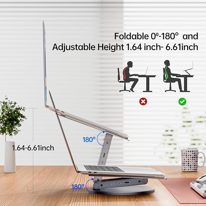 USB C Laptop Docking Station, 6 in 1 USB C Hub 4K@60Hz HDMI, 100W PD, 5Gbps Ports, 360° Rotating Adjustable Laptop Stand for MacBook Pro/Air Dell HP Lenovo, Universal Desk Dock - Gray