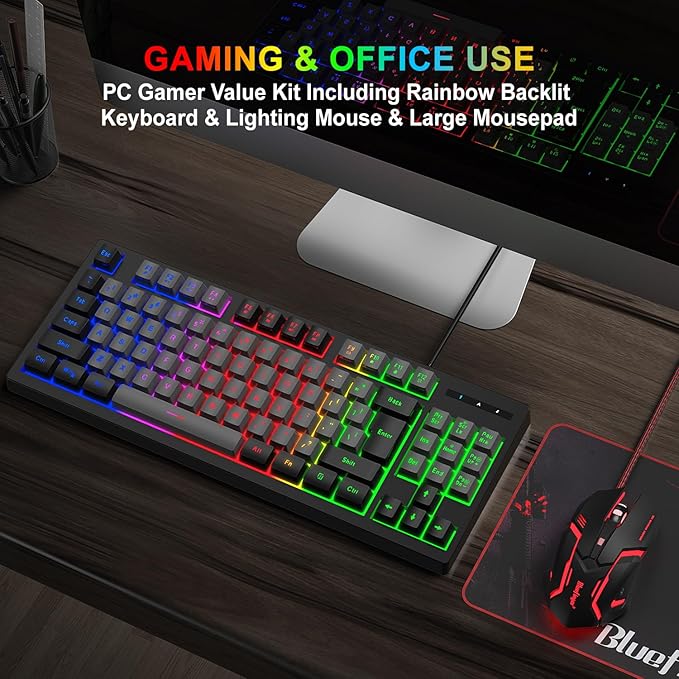 BlueFinger RGB 87 Keys Gaming Keyboard and Backlit Mouse Combo, USB Wired Rainbow Keyboard, Gaming Keyboard Set for Laptop PC Computer Game and Work(Black & Gray)