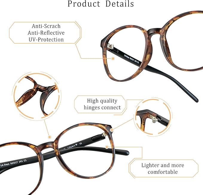 LifeArt Round Blue Light Blocking Glasses, Computer Glasses, Gaming Glasses, TV Glasses for Women Men (Tortoise, 4.25 Magnification)