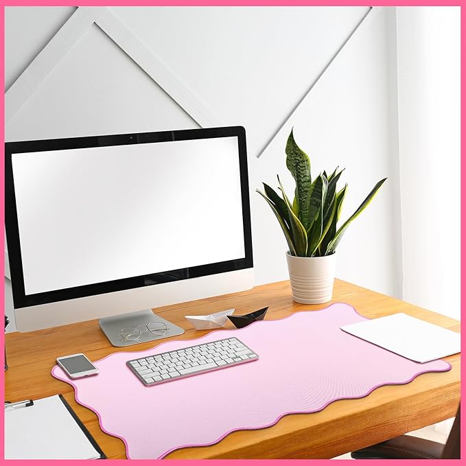 Scalloped Desk Mat Large Scalloped Piping Cute Desk Mat Aesthetic Preppy Table Pad Large Nonslip Pad with Edge Stitching Waterproof Gaming(Pink,31.5 x 15.75 Inches)