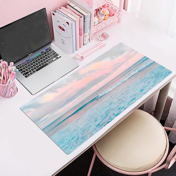 EOBTAIN Blue Beach Large Mouse Pad Coastal Desk Mat Cute Ocean Scene XXL Keyboard and Mouse Pad Desk Accessories for Office Home,Thin and Big Extended Smooth Non Slip Rubber Mousepad,31.5x15.7 Inch