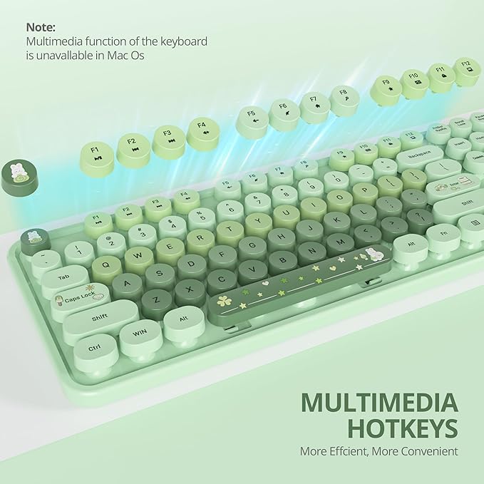 Cute Green Keyboard and Mouse Combo Wireless, 2.4G Full Size 104-Key Retro Typewriter Keyboards Round Keys for Students Teenagers Home Office PC Laptop(Light Green)