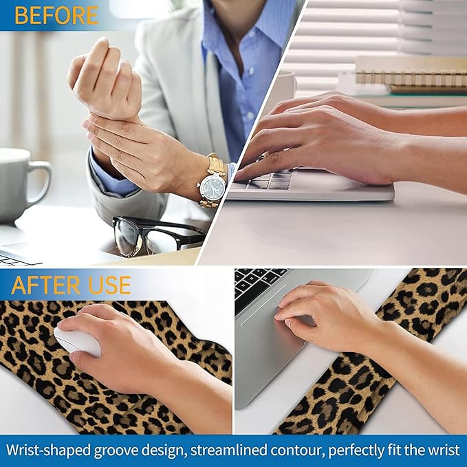 Ergonomic Mouse Pad, Mouse Wrist Rest Pad + Keyboard Wrist Rest Pad + Coaster, Made of Memory Foam, Easy to Use and Relieve Wrist Pain, Computer, Games, Office, Home - Leopard Print