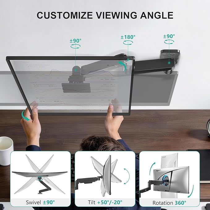 WALI Monitor Wall Mount for 13-49 Inch Ultrawide Screens, Heavy Duty Single Monitor Mount Holds up to 44 lbs, Adjustable Gas Spring Wall Mount Monitor Arm, 75/100mm VESA Mount (GSWM001-P), Black