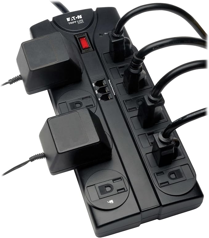 Eaton Tripp Lite TLP1208TEL Home Theater Surge Protector Power Strip, 12 Outlets, Flat Plug 8ft Extension Cord, 2160 Joules | RJ11 Port for Phone Land Line Protection