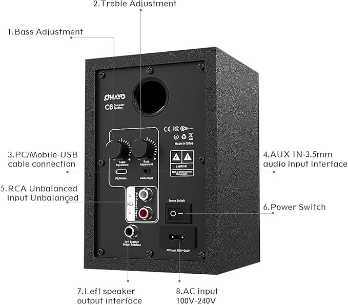 OHAYO 60W Computer Speakers for Music and Gaming, Active Bluetooth 5.3, Stereo 2.0 Speakers for Desktop PC or Laptop, 3.5mm Aux RCA USB Input, 1 Pair, Black