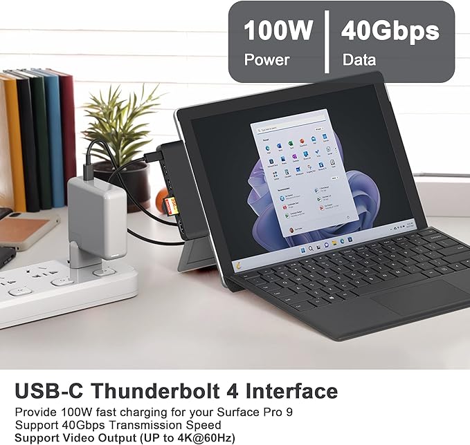 Surface Pro 9/10/11/X Accessories, Surface Pro 9 USB Hub Docking Station with 4K HDMI, USB-C Thunerbolt 4 (Display+Data+PD Charging), 2 USB 3.0, SD/TF Card Reader for Surface Pro 9/Pro10/Pro11/ProX