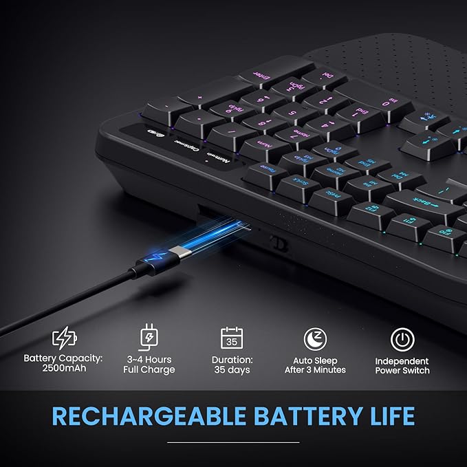 Wireless RGB Backlit Keyboard, 2500mAh Rechargeable Keyboard with 15 RGB Lighting Effects, 5 Brightness Modes, Multimedia Keys, Silent Ergonomic Keyboard for PC Computer Laptop Windows Mac