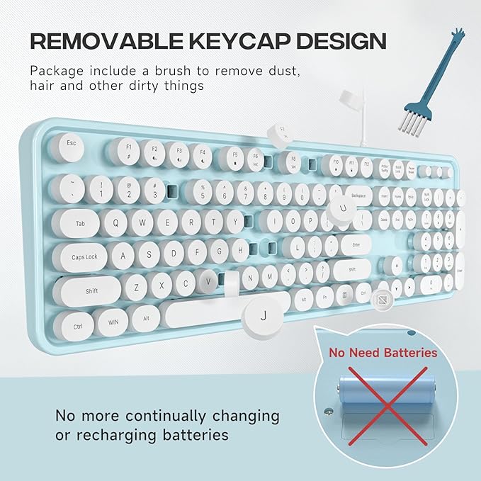 Computer Keyboard Wired, Plug and Play USB Retro Round Typewriter Keyboard, Full Size Wired Keyboard with Foldable Stands for Laptop and Office PC- Blue&White Colorful