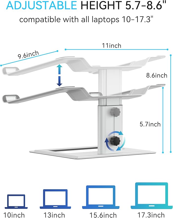 SOUNDANCE Adjustable Laptop Stand for Desk, Computer Stand, Ergonomic Laptop Riser Holder Compatible with 10 to 17.3 Inches Notebook PC Computer, Aluminum Silver