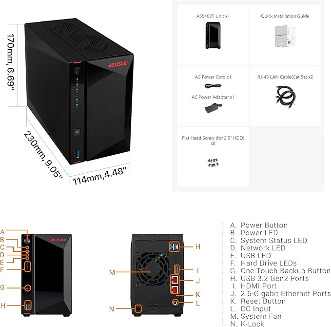 Asustor AS5402T, 2 Bay NAS, Intel Quad-Core 2.0GHz CPU, 4X M.2 NVMe SSD Slots, 2x2.5GbE Ports, 4GB DDR4 RAM, Cloud Storage for Gaming and Live Stream, Network Attached Storage(Diskless)