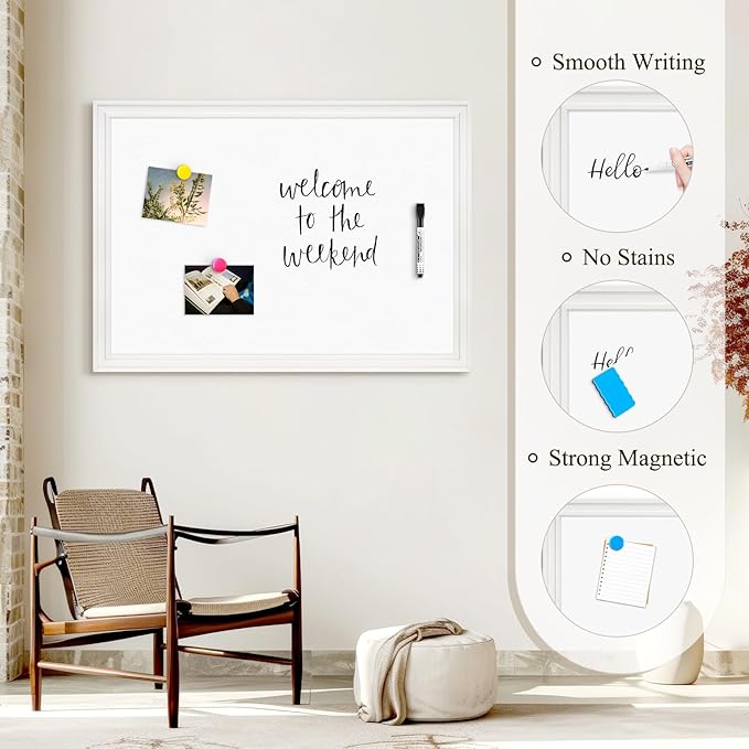 4 THOUGHT Dry Erase Board, 36 x 24 in Magnetic Whiteboard Wood Frame Wall-Mounted White Board Decorative Planner Notice Board for School, Office, Home, 8 Magnets 4 Markers 1 Eraser, White