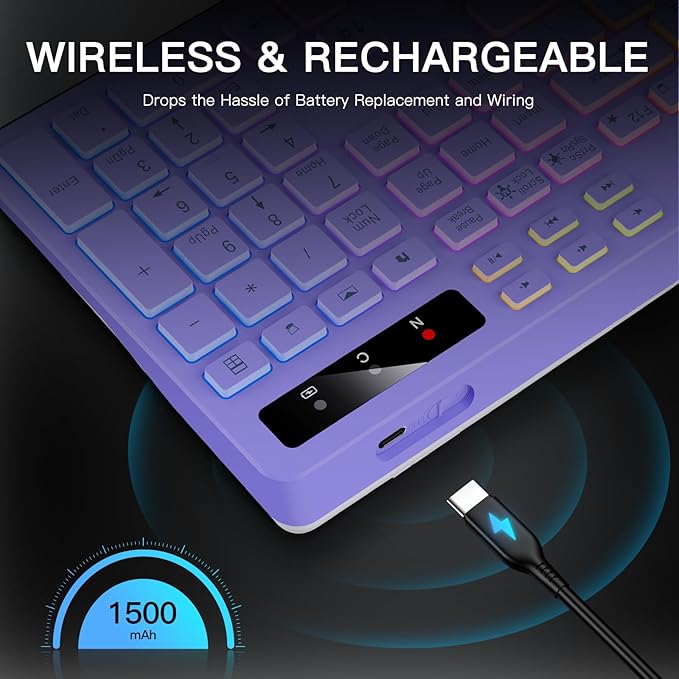 Wireless Keyboard with 7-Color RGB Backlit, Full-Size Computer Keyboard with Phone Tablet Holder, 2.4G Rechargeable Gaming Keyboard with Light Up Keys, Compatible with Mac, Windows (Purple)