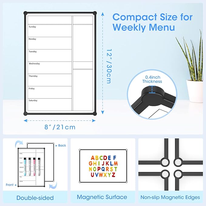 Weekly Calendar for Fridge,12×8” Magnetic Fridge Calendar Refrigerator Calendar, Weekly Meal Planner Magnetic, Menu Board, Double-Sided, Grocery List, Menu Planner for Refrigerator/Locker, 4 Markers