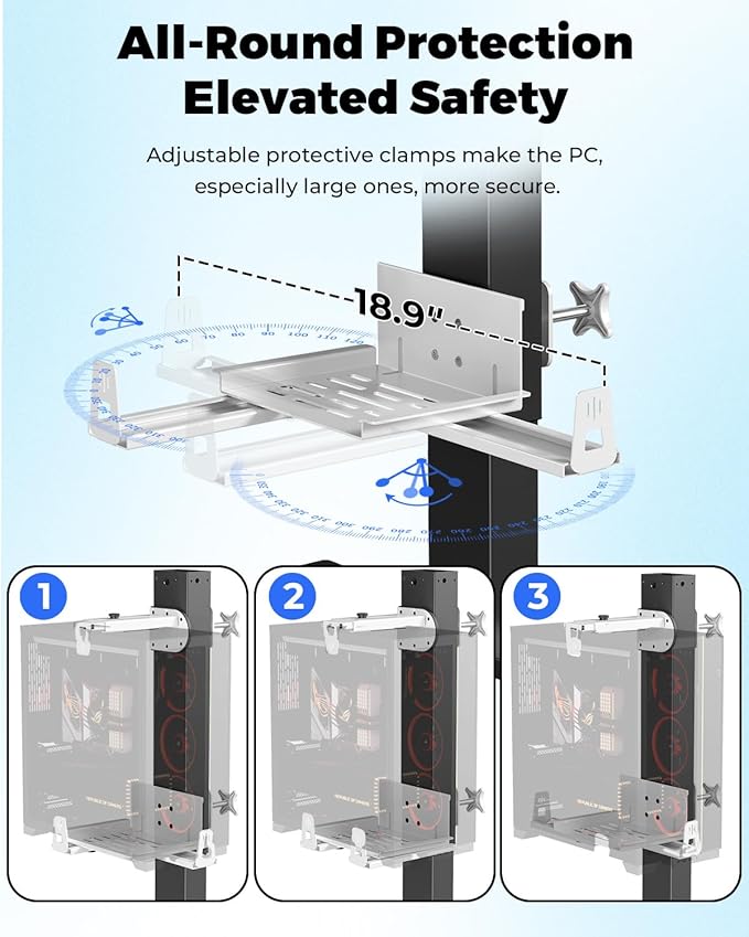 JOY worker Upgraded Under Desk PC Mount for Standing Desk, Clamp-On Desk Leg Computer Mount with Extra Protective Arms, Adjustable Computer Case CPU Holder Holds Up to 44lbs, White