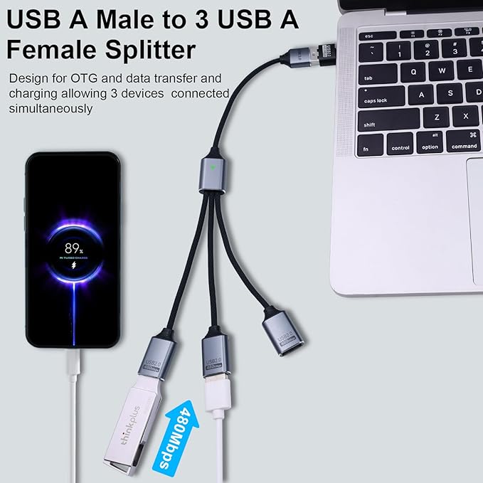 Danfetsoy USB Splitter 1 in 3 Out, USB Y Splitter 1 Male to 3 Female Charging Cable & Type C Male to Type A Female Adapter Converter for Laptop, PC, Computer, Mac, PS5, Xbox, Keyboard, 25cm