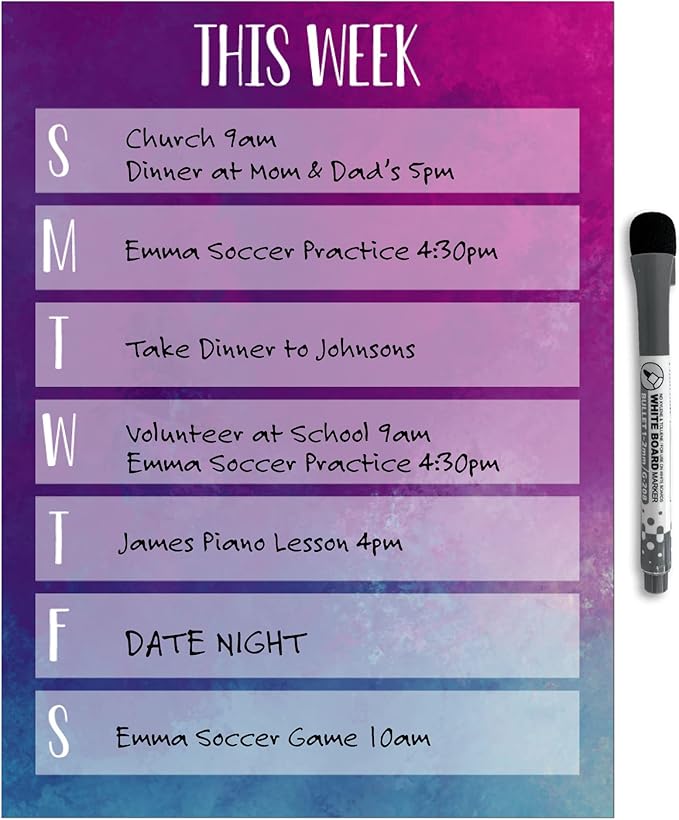 Dry Erase Weekly Calendar Planner Sticker Decal | Removable & Reusable | Magnetic Fine-Tip Marker Included (9 x 12 inches, Watercolor)