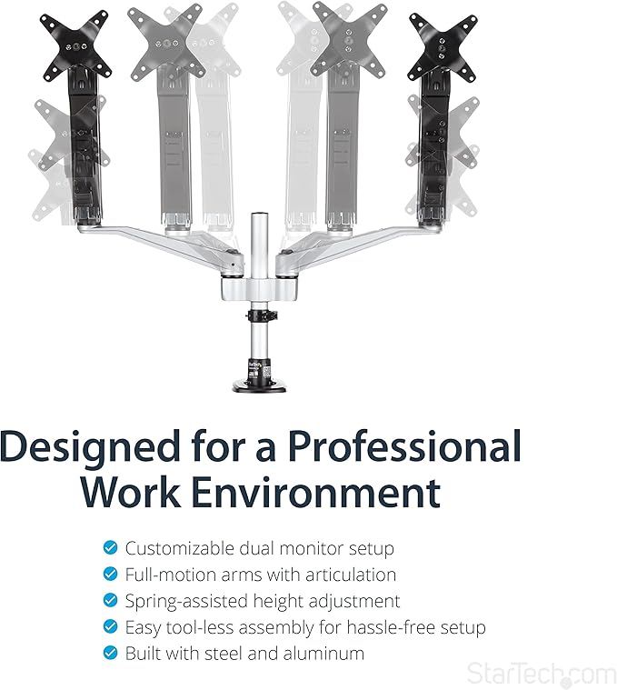 StarTech.com Desk Mount Dual Monitor Arm - Articulating - Supports VESA Monitors 12'' to 30" (19.8lb/9kg) - Adjustable - Grommet/Desk Mount - Premium - Silver, TAA (ARMDUAL30)