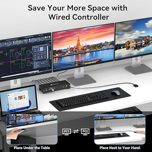 USB C KVM Docking Station Switch 3 Montors 2 Computers with 100W PD Supply Hybrid Displayport and HDMI KVM Triple 4K60Hz or Dual 4K144Hz Extended Display for Laptop and PC Share 15 in 1 Dock