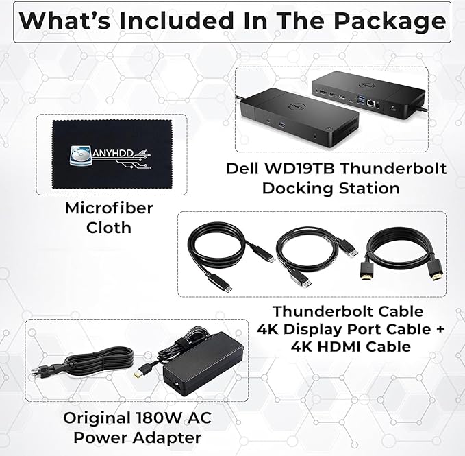 Dell WD19TB Thunderbolt Docking Station with 180W AC Power Adapter (130W Power Delivery) + HDMI Cable + DisplayPort Cable + Thunderbolt Cable + Microfiber Cloth Included