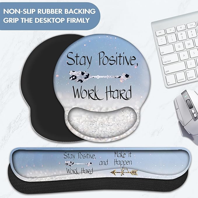 Keyboard Wrist Rest, Ergonomic Mouse Pad Wrist Support, Memory Foam Wrist Rest, Anti-Slip Base, Mousepad with Coaster for Computer Keyboard Office Home, Stay Positive Blue