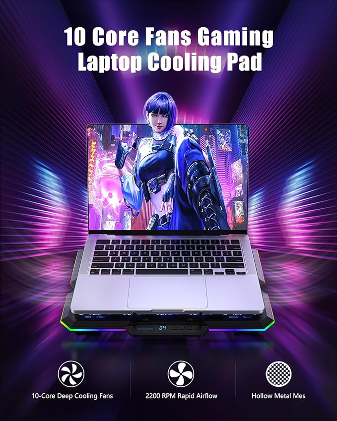 Laptop Cooling Pad, Gaming Laptop Cooler with 10 Quiet Fans, Height Adjustable Laptop Cooling Stand for 12"-18.1" Laptops, RGB Lights with Laptop Fan with 2 USB Port and Phone Stand