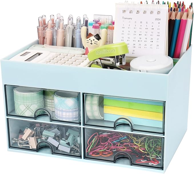 Desk Organizer, Office Organizer with Drawer, Desk Accessories & Workspace Organizers, Pen Holder Office Supplies for Desk (4 Drawers+4 Compartments, Blue)