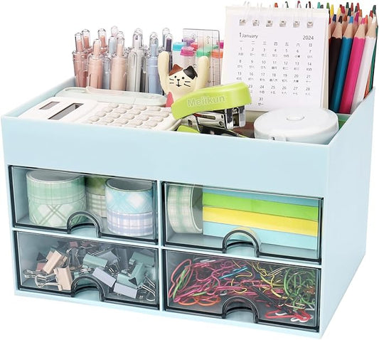 Desk Organizer, Office Organizer with Drawer, Desk Accessories & Workspace Organizers, Pen Holder Office Supplies for Desk (4 Drawers+4 Compartments, Blue)