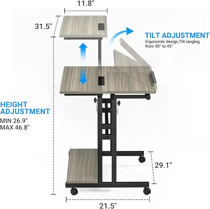 Panta Mobile Standing Desk, Adjustable Rolling Computer Desk with 3 Desktops, Portable Laptop Table with Cup Holder, Home Office Laptop Workstation on Lockable Wheels, Grey Oak