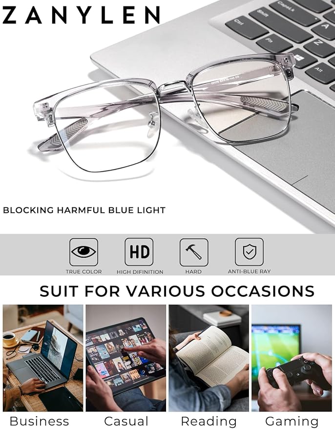 Blue Light Glasses Men Rectangle Large Browline Computer Gaming Glasses