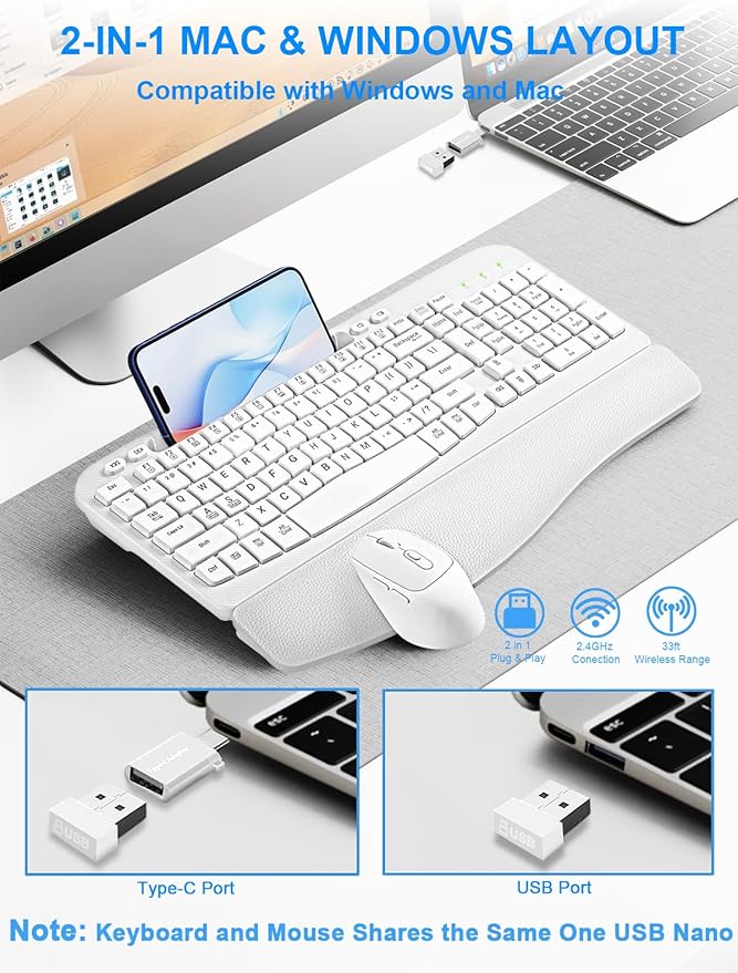 Wireless Keyboard and Mouse Combo, Wave Keys Computer Ergonomic Keyboard with Cushioned Plam Rest, Phone Holder, 2.4GHz Silent 6 Button Wireless Mouse Set for Laptop, PC, Windows, Mac (White)