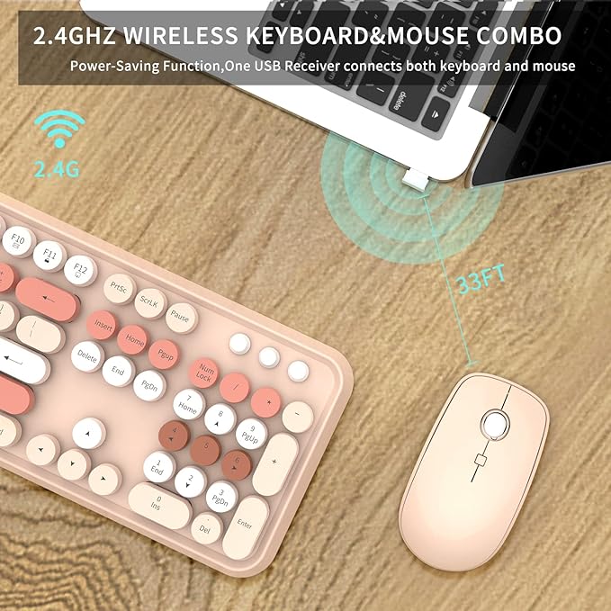 Wireless Keyboard and Mouse Combo Cute Colorful Keyboard and Mouse, Retro Typewriter Keyboard with 2.4GHz Plug & Play, for Windows 11/10/7, Laptop, PC (Milk Tea)