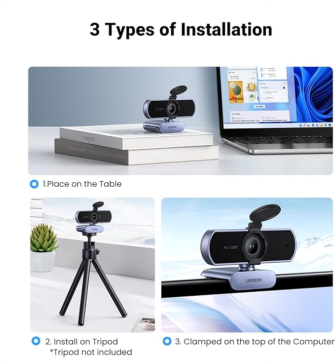 UGREEN Full HD 1080P Webcam with Microphone, 2 Noise-Canceling Mics, 85° Fov & Fixed Focus, Plug and Play, Auto Light Correction, Privacy Cover PC Camera for Zoom/Skype/Teams, Switch 2, Grey