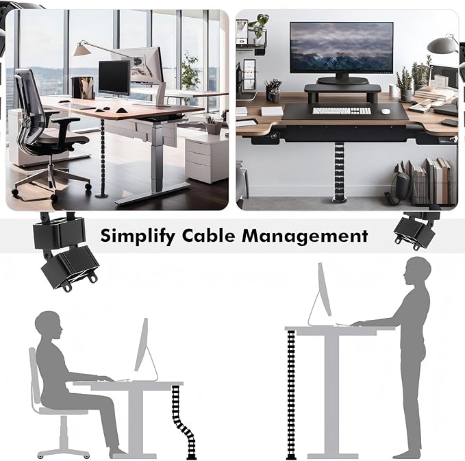 Yaomiao 1 Pack Under Desk Vertebrae Cable Management Kit Standing Desk 48'' Adjustable Quad Entry Flexible Cord Organizer with Ties, Stick-on Clips Cable Management Set for Home User Office Worker