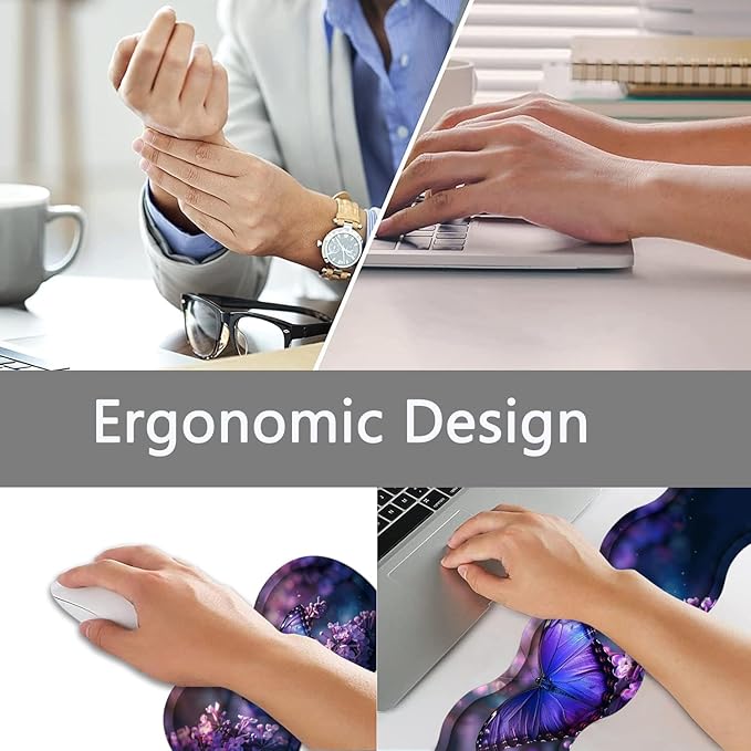 Large Gaming Mouse Pad + Keyboard Wrist Rest + Wrist Support + Coaster Set, Memory Foam Ergonomic for Easy Typing, XXL Extended Gaming Mouse Pad Table Pad - Purple Butterfly