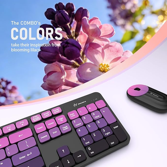 Wireless Keyboard and Mouse Combo - 2.4G Wireless, Rechargeable, Low-Noise, Cute Colorful, Full-Sized, 3 DPI Adjustable Mouse, for Computer, Laptop, PC, Desktop (Black Pink)