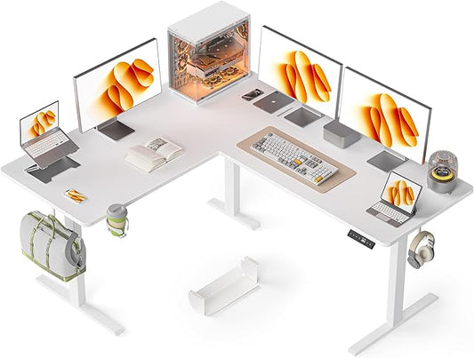 63X55 Inches Reversible L Shaped Standing Desk Height Adjustable with Cup Holder, Electric Corner Computer Desk, Sit Stand up Home Office Desk, Ergonomic Gaming Desk, White