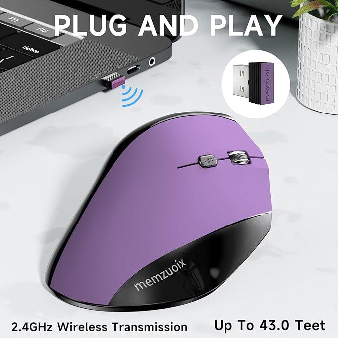 memzuoix Ergonomic Vertical Wireless Mouse - 2.4G Optical Cordless Mice with 3 DPI Levels (800/1200/1600) - Right-Handed Large Size Mouse for Laptop, Mac, PC, Desktop-Purple