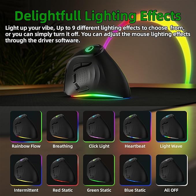 2.4G / BT/Wired Tri-Mode RGB Rechargeable G53 Wireless Vertical Ergonomic Mouse, 5 Side Buttons, Max 8400 DPI, for PC Computer Notebook Laptop, for Windows 11 10, Mac, iPad OS, Android - Black
