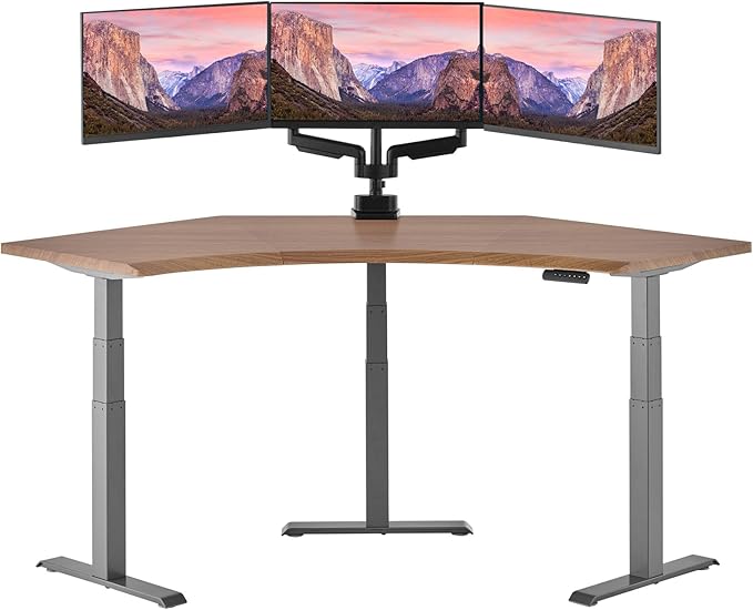 Vari Command Center Electric Standing Desk – 120° Curved Sit-Stand Gaming Desk Corner Workstation for Triple Monitors + Sloped Front Edge, 4 Height Settings, 200 lb Capacity (Walnut Top/Slate Legs)