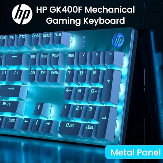 HP GK400F Mechanical Gaming Keyboard, Wired USB, 104 Keys Full Size, Tactile Brown Switch, Blue LED Backlit, Anti-Ghosting, Ergonomic Metal Panel, ABS Keycaps, Silver & White