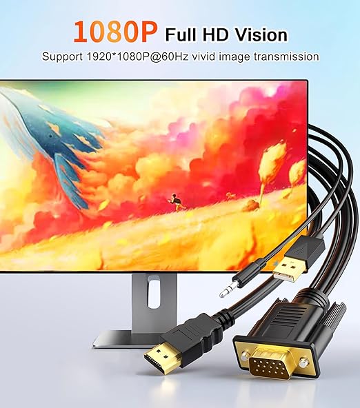 VGA to HDMI Adapter Cable 6FT/2 Pack with USB Power and 3.5mm Audio, 1080P@60Hz PC VGA Source Output to TV/Monitor with HDMI Connector, Male to Male for Computer Desktop Laptop Monitor Projector