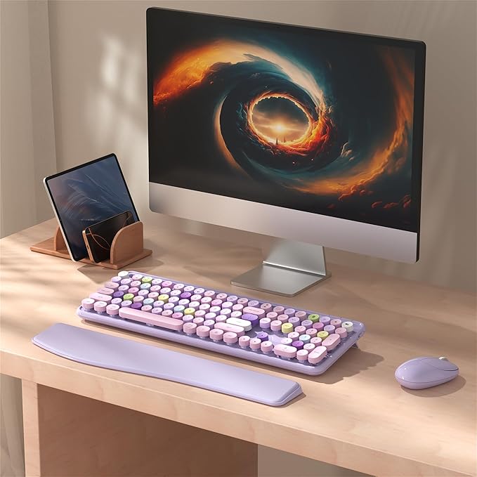 Colorful Wireless Computer Keyboard and Mouse Combo with Phone Holder, Wrist Rest, Typewriter Keys, 2.4GHz Wireless, Full-Sized Optical Mouse for PC and Laptop (Purple)