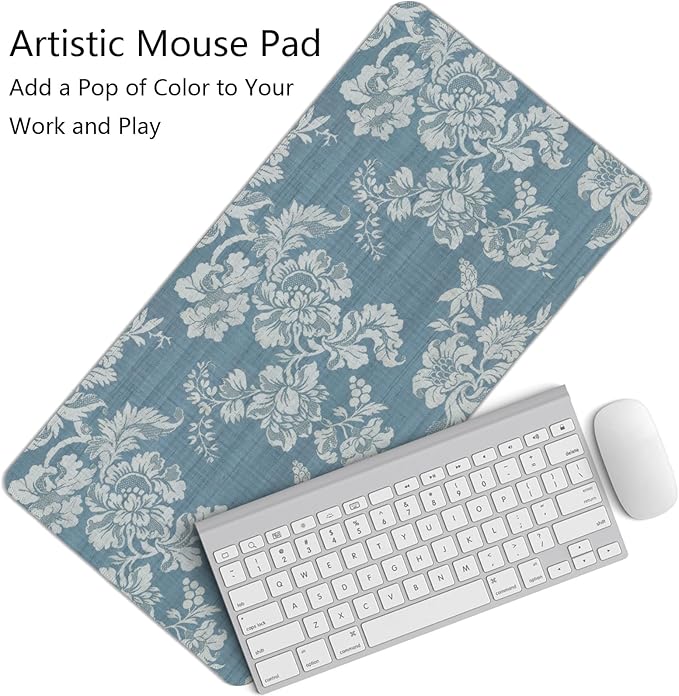 Blue Chinoiserie Mouse Pad,Vintage Blue and White Floral Desk Mat,Big Large Vintage Floral Preppy Trendy Mouse Pad,Girly Gaming Mousepad,Girly Laptop Desk Mat for Dorm Home Office,23.6x11.8 In