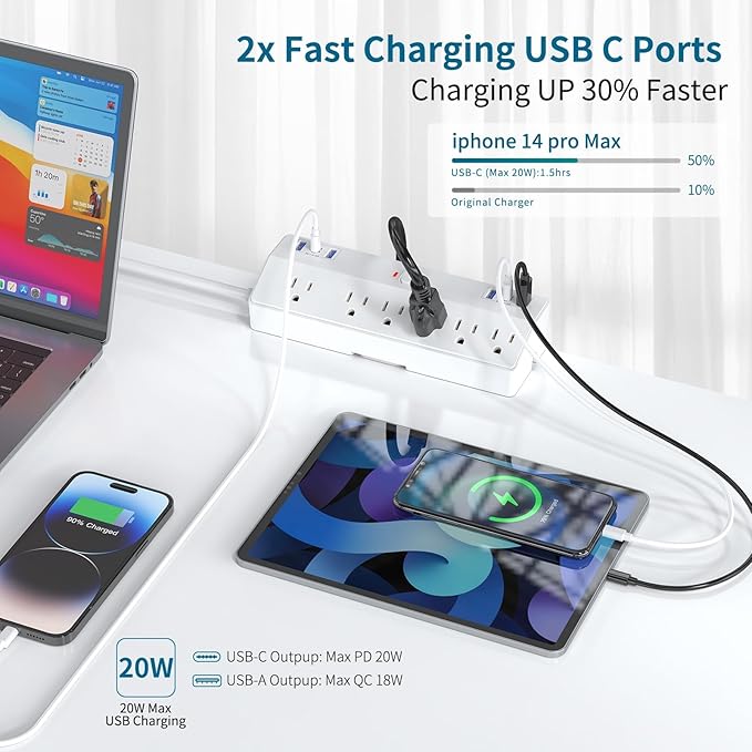 40W Fast Charging Station, Desk Clamp Power Strip 10FT Extension Cord, JXGUCAT Removable Desk Mount Flat Plug Power Strip Surge Protector, 2 USB-C Ports, 6 Outlets, Fits 1.8" Tabletop Edge