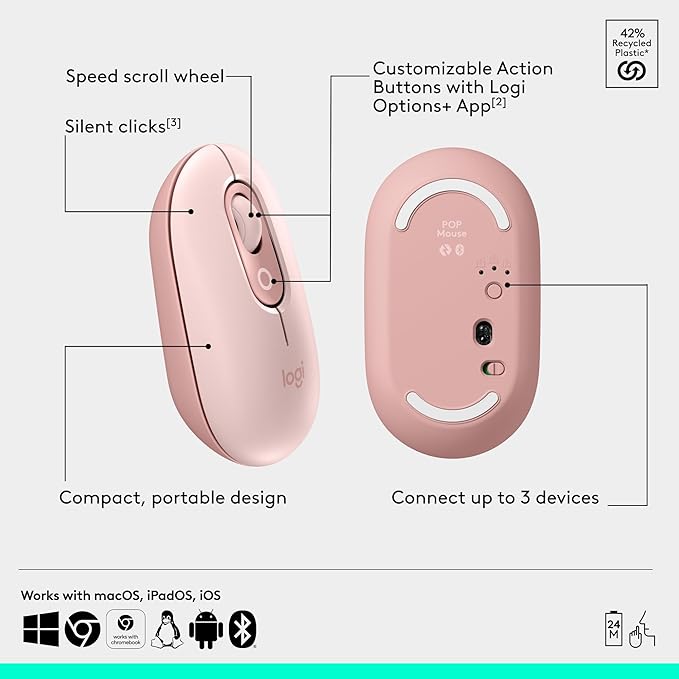 Logitech POP Mouse, Compact and Portable Wireless Bluetooth Mouse with Programmable Buttons and Quiet Clicks, Easy-Switch Between up to 3 Devices, Laptop, Tablet, PC - Rose